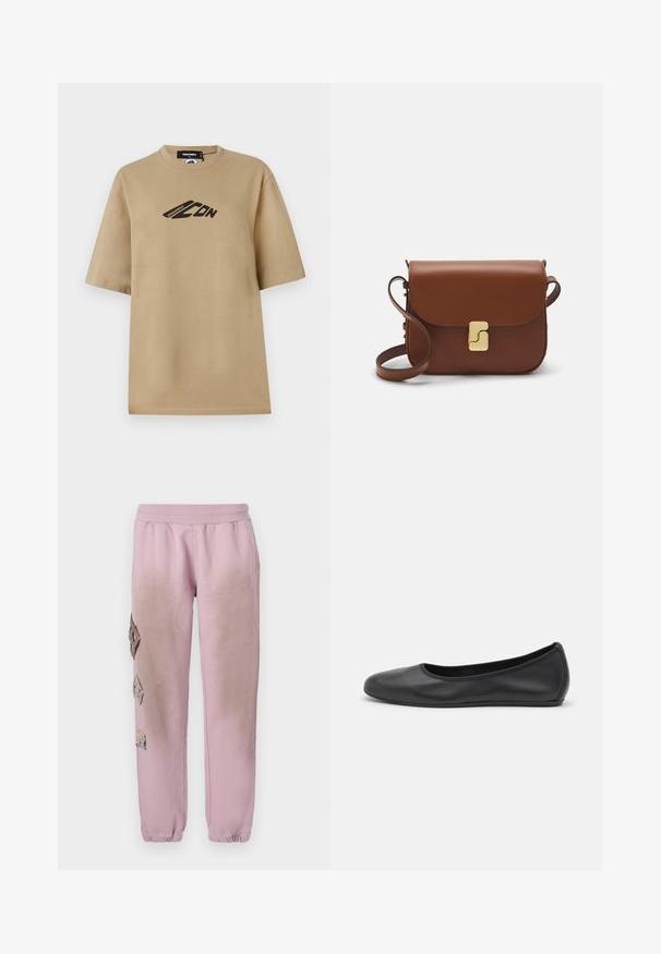 Beež puuvillane T-särk lühikeste varrukatega, mille esiküljel on must graafiline logo. Klassikaline ümar kaelus ja mugav lõige.; Roosa spordipüksid elastse paelaga vööl, millel on vasakul küljel dekoratiivsed rombikujulised plaastrid ja elastsed mansetid pahkluude juures.; Musthave mustika tantsutossud mustast nahast, ümmarguse varbaga, siledast tekstuurist, minimaalse õmblusdetailiga ja paindliku tallakujundusega.; Pruunist nahast käekott, millel on klapiga sulgur, kuldne riistvara, õlarihm ja sile tekstuur. Kompaktne ristkülikukujuline vorm.