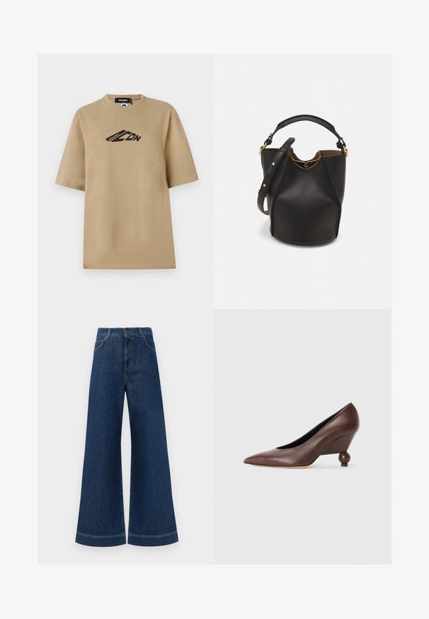 Beige Baumwoll-T-Shirt mit kurzen Ärmeln, das ein schwarzes grafisches Logo auf der Vorderseite aufweist. Klassisches Rundhalsdesign und lockere Passform.; Weite blaue Jeans aus Denim mit hoher Taille, ausgestattet mit einem Knopfverschluss, Gürtelschlaufen und dezenten Stichdetails an den Taschen und Säumen.; Braune Leder-Wedge-Pumpe mit spitzem Zeh und runder, ballförmiger Ferse. Glatte Textur mit einem schlichten Design und minimalen Akzenten.; Schwarze Leder-Eimerhandtasche mit strukturierter Oberfläche, goldenen Hardware-Akzenten und offenem Design. Verfügt über einen kurzen Griff und einen verstellbaren Schultergurt.