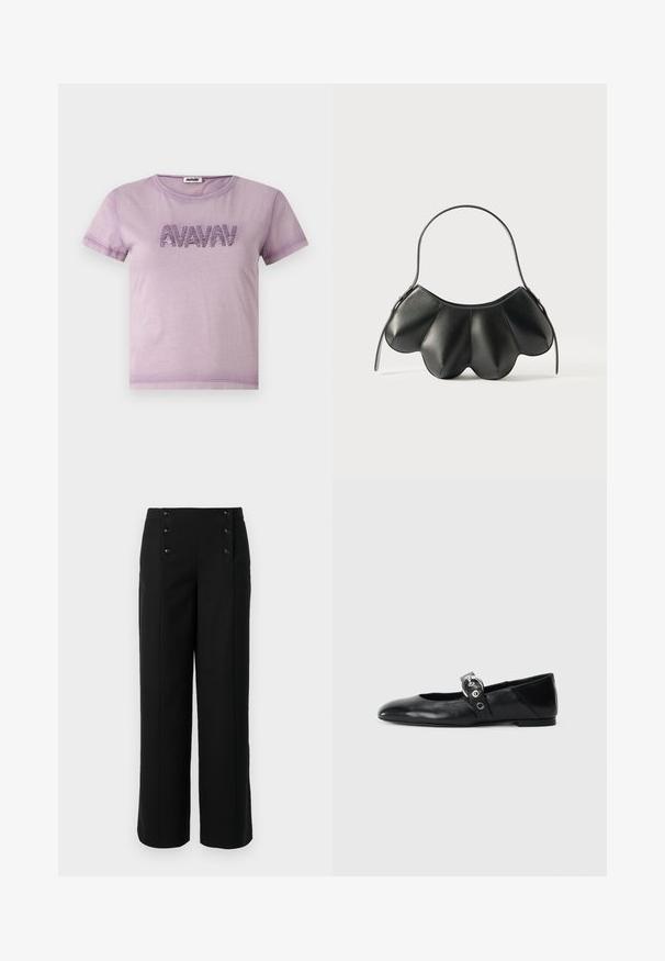 AVAVAV PRINTED - Camiseta estampada - purple; Pantalones anchos negros hechos de una tela suave, con una cintura alta y cinco botones frontales para el cierre. Diseño elegante y a medida.; Mocasines de ballet de cuero negro con punta afilada, que cuentan con una correa con un cinturón metálico circular y una suela plana.; Bolso de mano de cuero negro con un diseño curvado en forma de concha, que presenta una sola asa y un cierre de cremallera. Textura suave con acentos de costura.