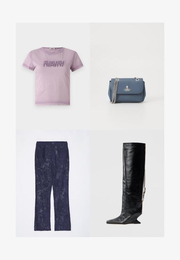 AVAVAV PRINTED - T-shirt con stampa - purple; Pantaloni in pizzo blu navy con design a campana, dotati di una vita alta, due tasche frontali e chiusura con bottone. Decorati con dettagli in pizzo elaborati.; Stivale nero in pelle fino al ginocchio con punta appuntita, tacco a zeppa unico e dettaglio con catena sul lato. Texture liscia con finitura lucida.; Borsa a tracolla in finta pelle blu con una texture, dotata di una catena argentata e un logo sulla parte anteriore. Chiusura a scatto con un design a pattina.