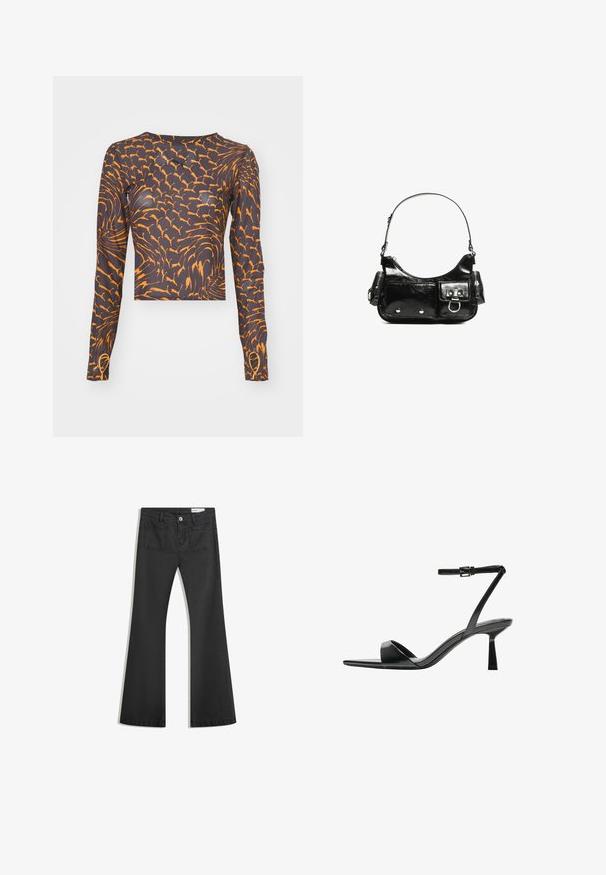 Puma - Bluzka z długim rękawem; Czarne dżinsy w fasonie z dzwonami, wykonane z denimu o gładkiej teksturze, z dwiema tylnymi kieszeniami i zapięciem na guzik w talii.; Bershka - Sandały na obcasie; Czarna torebka z lakierowanej skóry o zaokrąglonym kształcie, z jednym paskiem na ramię, przednimi kieszeniami i akcentami w kolorze srebrnym.