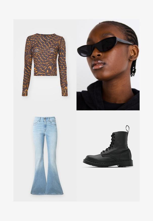 Puma DARE TO LONG SLEEVE TEE - Top s dlhým rukávom - galactic gray; Svetlomodré zvonové jeansy vyrobené z denimu. Majú vysoký pás s dvoma gombíkmi a jemným vyblednutím smerom k spodnému okraju. Klasický dizajn s piatimi vreckami.; Čierna kožená bojová topánka s okrúhlou špičkou, šnurovaním na prednej strane a pútkom pri členku. Má hrubú gumovú podrážku pre trvanlivosť.; Čierne slnečné okuliare v štýle mačacích očí s matným povrchom, s elegantným dizajnom a jemne zakrivenými hranami, umiestnené na pozadí modela v tmavom oblečení.; Čierna semišová kabelka s oblúkovým dizajnom, zdobená nitmi a textúrovaným povrchom. Nastaviteľný popruh s detailmi z hrotov pozdĺž okraja.; Strieborné kruhové náušnice s hladkým, lesklým povrchom. Kolový tvar a bezpečné klikanie na uzatváranie. Ľahký dizajn vhodný na každodenné nosenie.