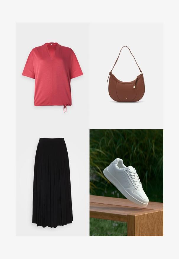 Rotes Kurzarmoberteil mit V-Ausschnitt und Kordelzugsaum. Aus einem weichen Material gefertigt, mit lockerer Passform und minimalen Nähten.; Schwarzer plissierter Rock mit breitem, dehnbarem Bund. Gefertigt aus weichem Stoff, mit vertikalen Falten für eine fließende Silhouette.; Weiße Sneaker mit einem glatten, synthetischen Obermaterial, perforierter Zehenbox, flachen Schnürsenkeln und einer strukturierten Sohle, präsentiert auf einer Holzoberfläche.; Braune Kunstleder-Schultertasche mit geschwungener Form, minimaler Naht und goldfarbener Hardware-Akzent. Verfügt über einen oberen Reißverschluss und einen verstellbaren Trageriemen.