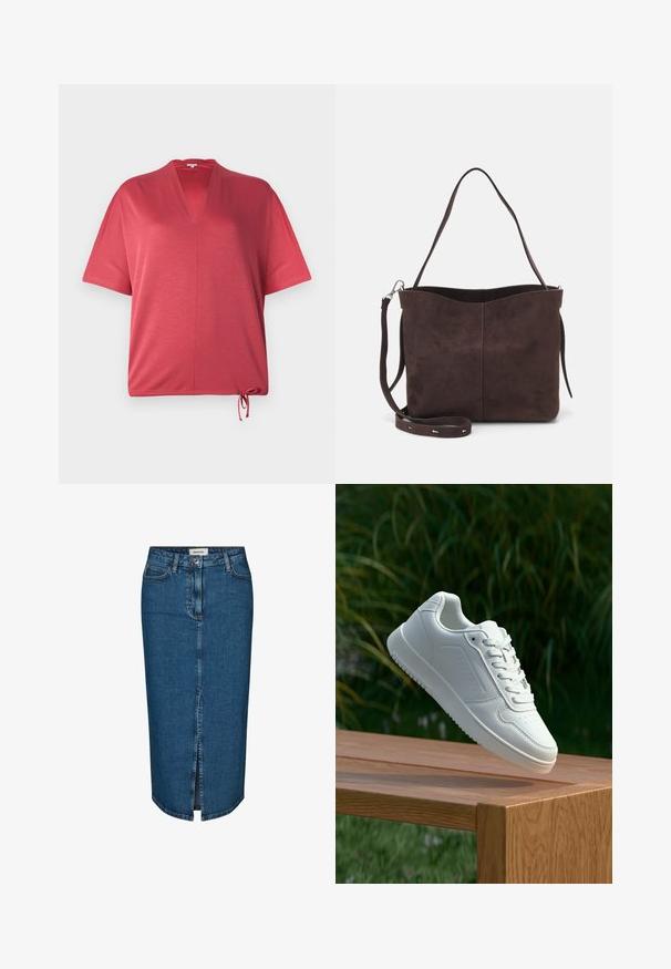 Punainen lyhythihainen paita, jossa on V-kaula-aukko ja kiristysnauha helmassa. Valmistettu pehmeästä materiaalista, jossa on rento istuvuus ja minimaalinen saumaus.; Tummansininen denim-mekko, jossa on edessä halkio, viisi taskua ja kontrastiväriset saumat. Keskikorkea vyötärö ja klassinen muotoilu.; Valkoiset tennarit, joissa on sileä synteettinen päällinen, rei'itetty varvasosa, litteät nauhat ja teksturoitu pohja, esillä puupinnalla.; Ruskea mokkanahkainen kassi, jonka pinta on pehmeä. Kassissa on yksi olkahihna ja hienovarainen, kaareva yläaukeama. Ei näkyviä metalliosia.