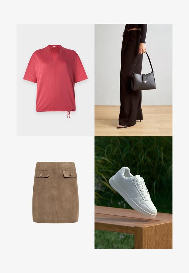 Červený, krátky rukáv top s výstrihom do V a sťahovacím lemom. Vyrobený z mäkkého materiálu, s voľným strihom a minimálnymi švami.; Hnedá semišová mini sukňa s hladkou textúrou, ktorá má dva predné vrecká s klopou a gombíkové zapínanie na každej strane. Jednoduchý, rovný dizajn.; Biele tenisky s hladkým syntetickým zvrškom, perforovanou špičkou, plochými šnúrkami a textúrovanou podrážkou, vystavené na drevenej ploche.; Čierna kabelka so štruktúrovaným tvarom, hladkou textúrou a kovovou sponou. V kombinácii so širokými čiernymi nohavicami a sandálmi s otvorenou špičkou na drevenej podlahe.