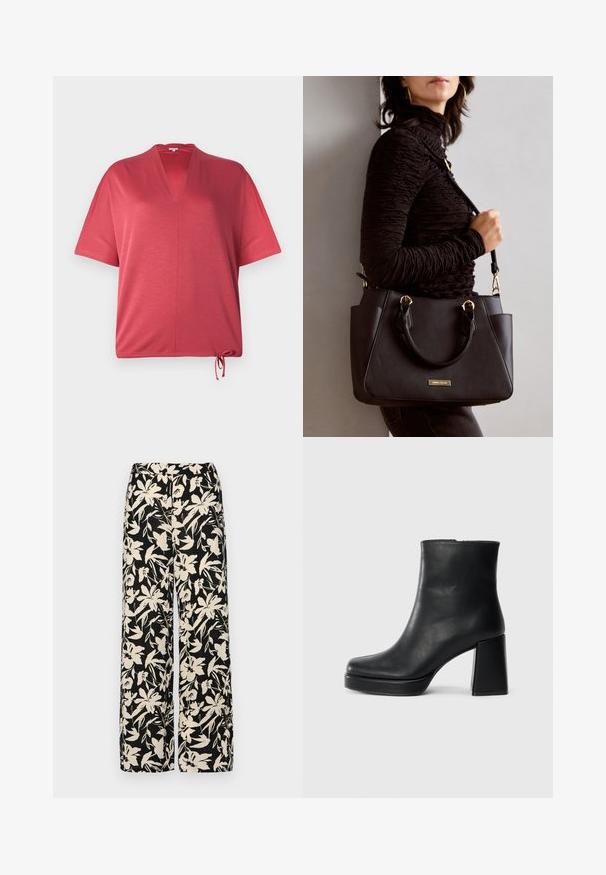 Rode top met korte mouwen, V-hals en een trekkoord aan de onderkant. Gemaakt van een zacht materiaal, met een relaxte pasvorm en minimale naden.; Zwarte wijde broek met een crèmekleurig bloemenpatroon. Gemaakt van lichtgewicht stof, met een zachte textuur en een hoge tailleband.; Zwarte leren enkelboot met een blokhak en platformzool, zijaanzicht op een effen witte achtergrond.; Zwarte handtas met gestructureerd oppervlak, dubbele bovenhandvatten en verstelbare schouderriem. Voorzien van goudkleurige hardware en zijzakken.
