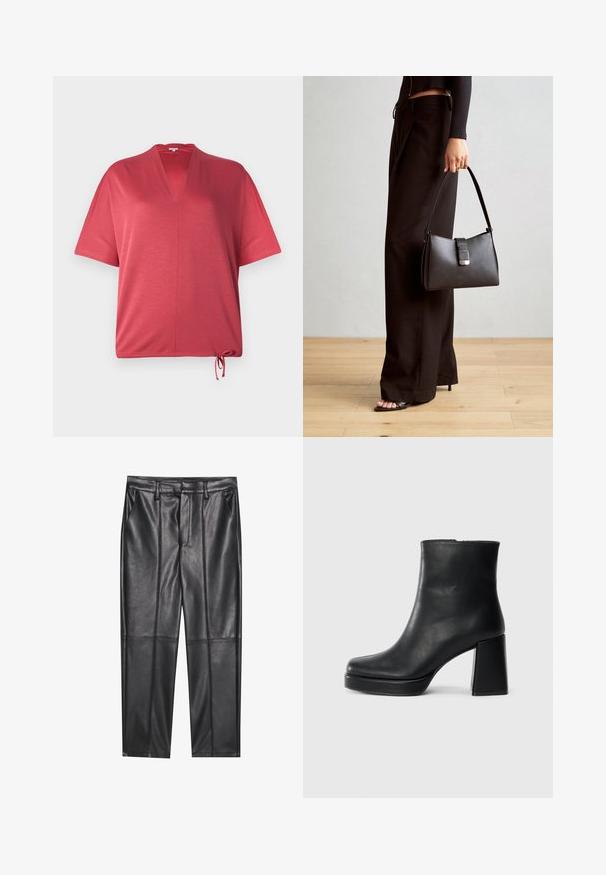 Rød, kortærmet top med V-hals og snoretræk i kanten. Lavet af et blødt materiale, med en afslappet pasform og minimale sømme.; Sorte læderbukser med en glat overflade, der har lige pasform, to forlommer og synlige sømdetaljer.; Sort læder ankelstøvle med blokhæl og platformssål, set fra siden på en ensfarvet hvid baggrund.; Sort håndtaske med struktureret form, glat overflade og metalspænde. Sammen med brede sorte bukser og sandaler med åben tå på trægulv.
