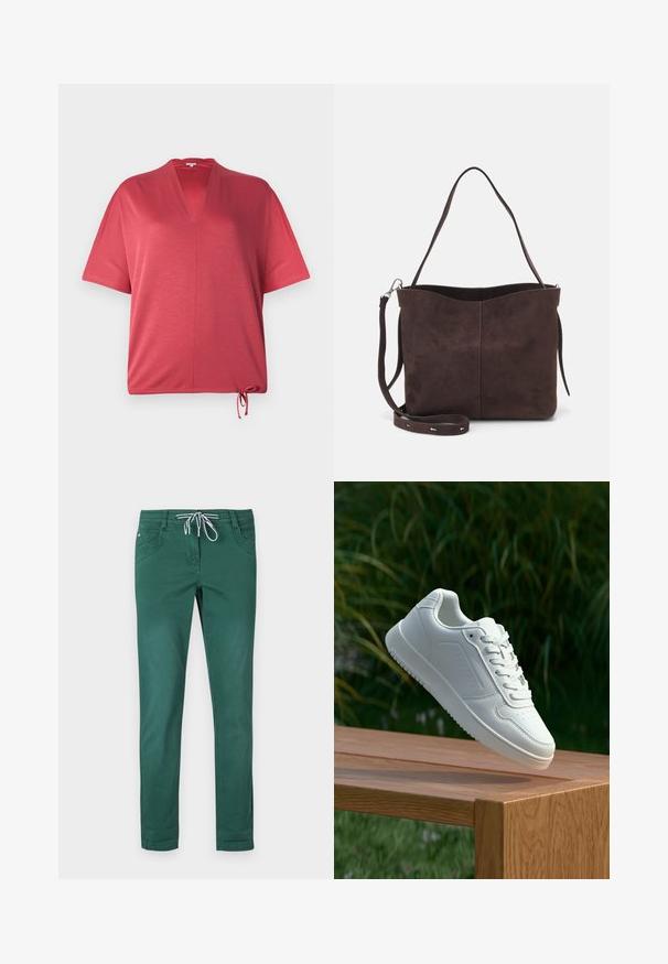 Rdeča majica s kratkimi rokavi, V-izrezom in vrvico na robu. Narejena iz mehkega materiala, z udobnim krojem in minimalnimi šivi.; Zelene hlače iz bombažne mešanice s ravnim krojem, pasom na vrvico in dvema sprednjima žepoma. Gladka tekstura in brez vzorcev.; Bela teniska s gladkim sintetičnim zgornjim delom, perforiranim prednjim delom, ravnimi vezalkami in teksturiranim podplatom, prikazana na leseni površini.; Rjava gamoška torba z mehkobo teksturo, ki ima en samo ramenski trak in subtilno ukrivljen zgornji del. Brez vidnih kovinskih detajlov.