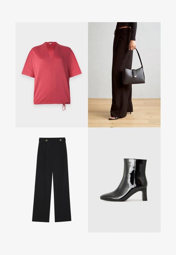 Punane lühikeste varrukatega topp V-kaelusega ja nööriga allääres. Valmistatud pehmest materjalist, omades mugavat lõiget ja minimaalset õmblust.; Mustad laiad püksid kõrge vöökoha ja nööpdetailidega vööandil, esikortsudega.; Must-sinine nahkjalats musta läikiva viimistlusega, millel on terav nina ja keskmise kõrgusega plokk konts. Sile tekstuur ja minimalistik disain.; Must musta kott, millel on struktureeritud kuju, sile tekstuur ja metallist klamber. Kombineeritud laiate mustade pükstega ja avatud varvaste sandaalidega puidust põrandal.