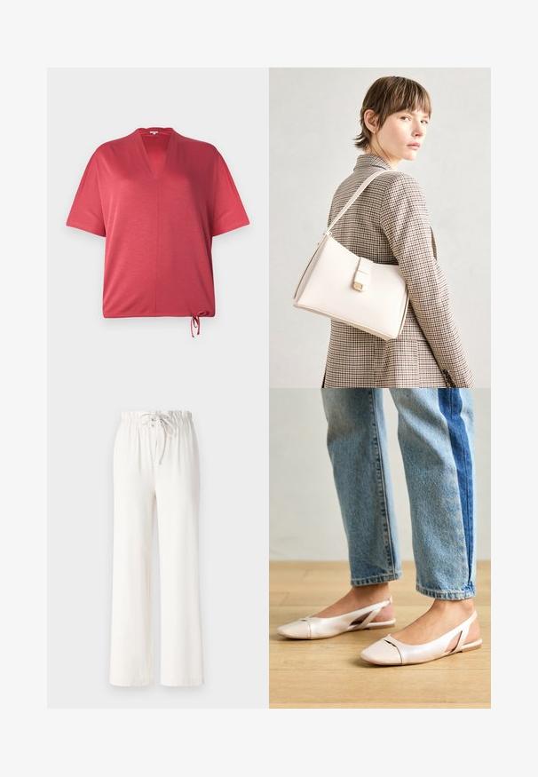 Top rosso a maniche corte con scollatura a V e orlo con cordino. Realizzato in un materiale morbido, presenta una vestibilità comoda e cuciture minime.; Pantaloni bianchi a gamba larga realizzati in tessuto morbido, con vita regolabile e texture liscia. Nessun motivo o decorazione visibile.; Ballerine slingback rosa pallido con punta affusolata, realizzate in un materiale simile alla pelle liscio. Presentano dettagli a taglio sui lati e un tacco piatto.; Borsa a mano in pelle bianca con un design strutturato, presente di un clasp magnetico e una tracolla, esposta su uno sfondo neutro.