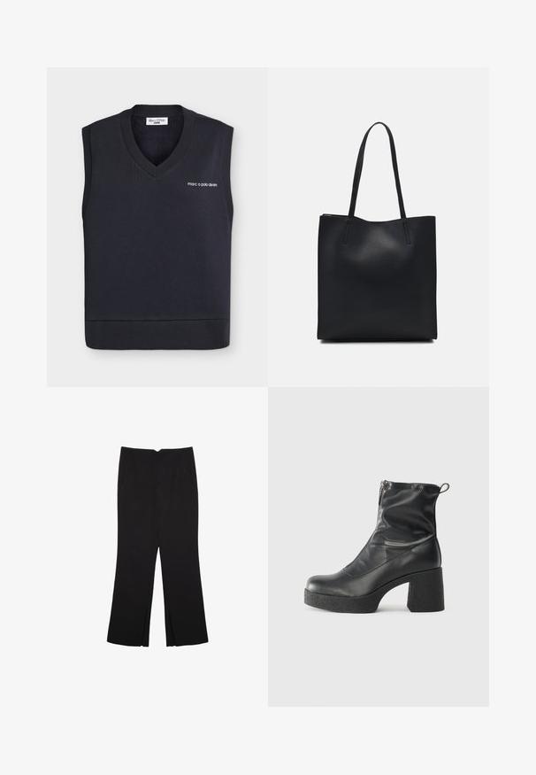 Tmavě modrý svetřík bez rukávů s výstřihem do V a žebrovaným lemem. Na přední straně je vyšitá bílá logo. Měkká pletená tkanina.; Černé kalhoty s rovným střihem, s předními kapsami a bočními rozparky na lemu. Vyrobené z jemné, hladké tkaniny. Vhodné na různé příležitosti.; Černé kotníkové boty vyrobené z hladké kůže, s bočním zipem, robustním strukturovaným podpatkem a kulatou špičkou.; Černá kožená taška přes rameno s hladkým povrchem, obdélníkovým tvarem a dvěma dlouhými uchy. Žádné viditelné kování ani ozdoby.