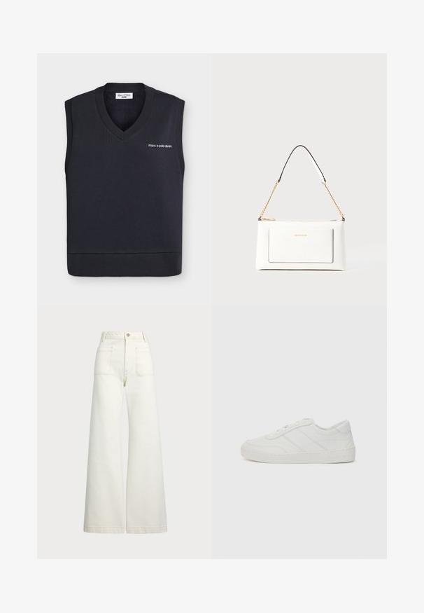 Navy sleeveless sweater with a v-neck and ribbed hem. Features a logo embroidered in white on the front. Soft, knitted fabric.; Wide-leg jeans in off-white denim. High-waisted design with a button closure, two front pockets, and contrast stitching details.; White leather sneaker with flat laces, rounded toe, and subtle stitching details. Features a textured sole and embossed brand logo on heel.; White leather handbag with a textured finish, featuring a gold chain strap and black accents. Includes a front pocket and zipper closure.