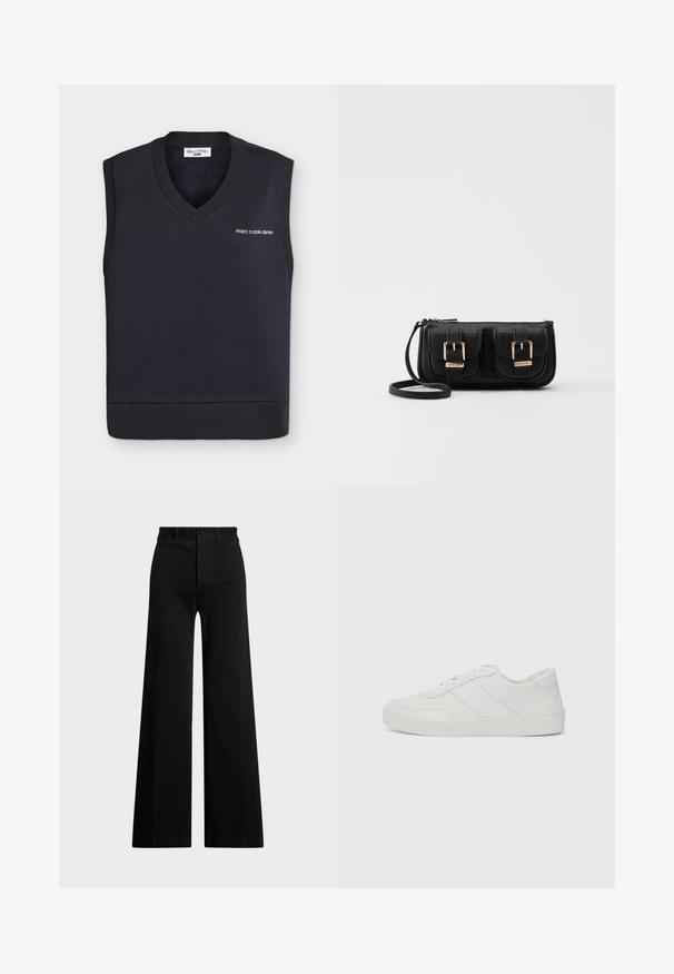 Teget prsluk bez rukava s V-izrezom i rebrastim rubom. Na prednjoj strani nalazi se bijeli izvezeni logo. Mekana, pletena tkanina.; Crne hlače širokih nogavica izrađene od tkanine, s visokim strukom, prednjim kopčanjem na dugme i bočnim džepovima. Glatka tekstura s čistim linijama.; Bijela kožna tenisica s ravnim vezicama, zaobljenim vrhom i suptilnim detaljima šivanja. Ima teksturiranu potplat i utisnutu marku na peti.; Crna kožna torba preko ramena s dva prednja džepa, zlatnim kopčama, zatvaranjem na zip i uskim remenom. Teksturirana površina i kompaktan pravokutan oblik.