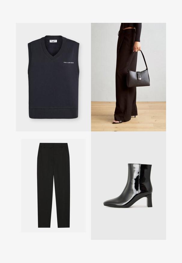 Tamsiai mėlynas megztinis be rankovių su V formos iškirpte ir briaunuotu apačios kraštu. Priekyje siuvinėtas baltas logotipas. Minkšta, megzta medžiaga.; Juodos kelnes su pritaikytu dizainu, turinčios šonines kišenes ir tiesią koją. Pagamintos iš lygaus, lengvo audinio su blizgiu paviršiumi.; Juodos lakuotos odinės aulinukės su smailiu pirštu ir vidutinio aukščio blokuotu kulnu. Lygus paviršius ir minimalistinis dizainas.; Juodas rankinė struktūrizuota forma, lygi tekstūra ir metalinis užsegimas. Suporuota su plačiomis juodomis kelnėmis ir atvirais bateliais ant medinių grindų.