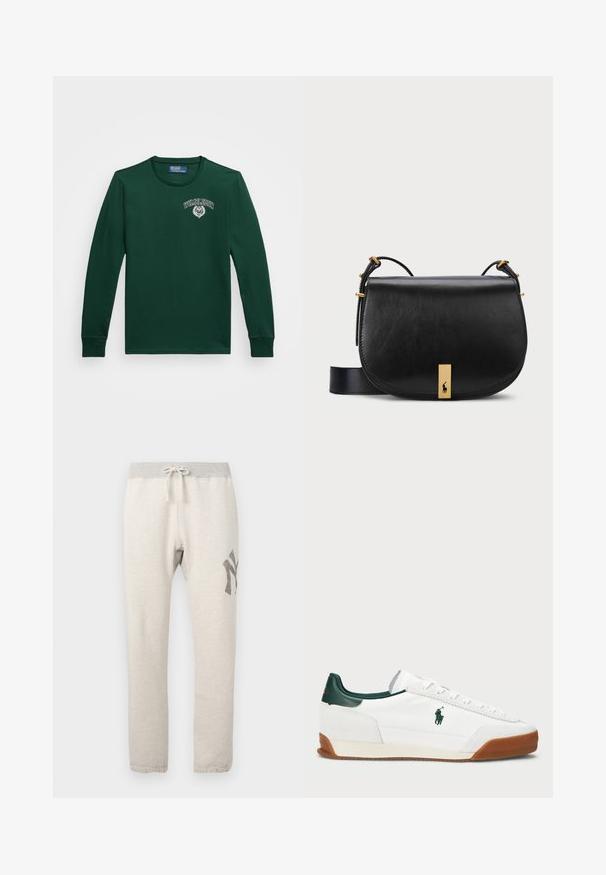 Sötétzöld pamut hosszú ujjú póló, környakú kivágással és a bal mellrészén található fehér "Wimbledon" logóval és emblémával.; Világos bézs melegítőnadrág szürke elasztikus derékpánttal, zsinórral, oldalsó zsebekkel, és sötétszürke grafikával a bal combon.; Fehér sneaker zöld bőr részletekkel és homokszínű gumitalppal. Textilből készült, oldalt kiemelkedő logóval. Fűzős kialakítás.; Fekete bőr keresztpántos táska arany tónusú fém kiegészítővel és állítható pánttal, sima textúrával és ívelt formával.
