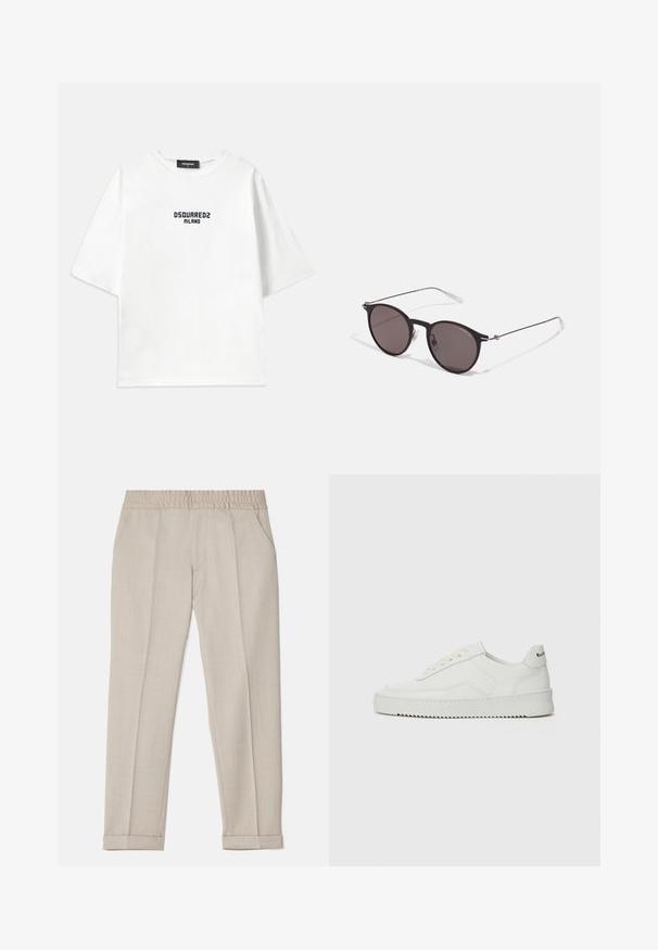 Dsquared2 LOOSE FIT TEE - Marškinėliai su spaudiniu - white/dark navy; Filippa K TERRY CROPPED TROUSERS - Kelnės - sage melange; Balti odiniai sportiniai bateliai su lygia apdaila, apvaliu pirštu, plokščiais raišteliais ir tekstūruotu padu. Pasižymi subtiliu logotipu ant kulno.; Juodos apvalios saulės akinių su tamsiais lęšiais ir plonomis metalinėmis šakomis. Įtraukti skaidrūs šventyklų galai ir sidabriniai akcentai vyrio srityje. Minimalistinis dizainas.