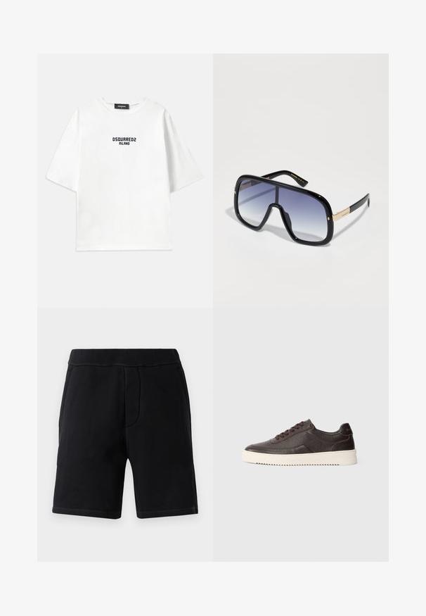 Dsquared2 LOOSE FIT TEE - Camiseta estampada - white/dark navy; Shorts deportivos negros hechos de material suave; cuentan con una cinturilla elástica, dos bolsillos laterales y costuras en contraste.; Zapatillas de cuero marrón oscuro con un acabado texturizado, puntera redonda y suela de goma cremosa en contraste. Presentan cordones y sutiles detalles de costura.; Gafas de sol negras de gran tamaño con lentes púrpuras degradados, acabado brillante y detalles dorados en las patillas. Forma de marco rectangular.