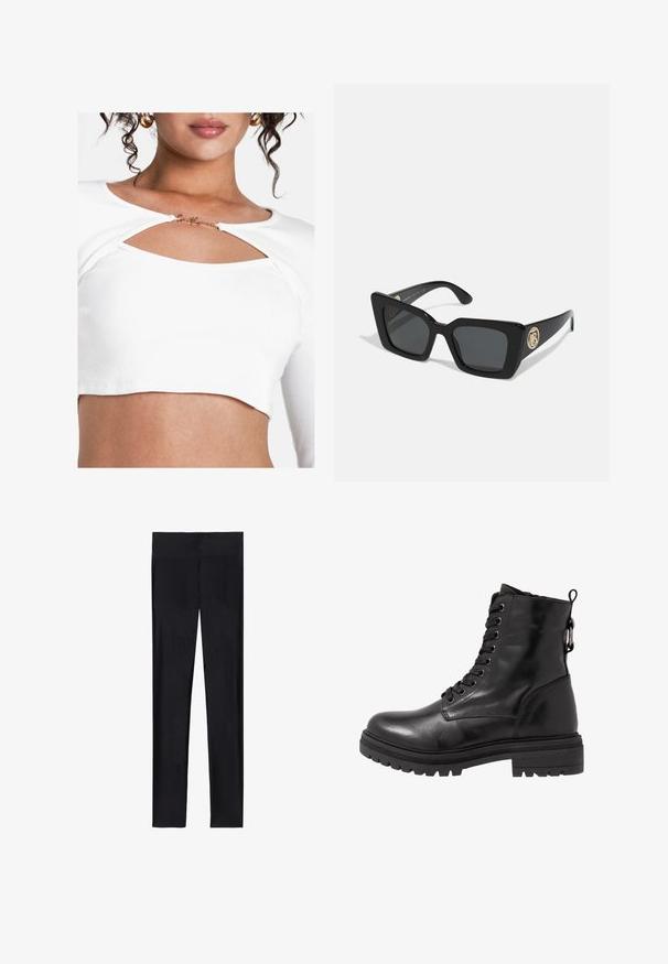 Weißes geripptes Crop-Top mit einem Cut-Out-Design an der Brust und einem goldenen Akzent. Der Stoff hat eine glatte Textur und eine figurbetonte Passform.; Schwarze Leggings aus dehnbarem Material; mit glatter Textur, ganzlänglichem Design und elastischem Bund ohne sichtbare Nähte.; Schwarze Leder-Stiefelette mit runder Zehenpartie, Schnürung vorne und strukturiertem Gummi-Sohle. Verfügt über eine Zuglasche hinten und verstärkte Nähte.; Schwarze quadratische Sonnenbrille mit dunklen Gläsern und glänzenden schwarzen Bügeln. Verfügt über einen goldenen kreisförmigen Hardware-Akzent an der Seite. Insgesamt glatte Textur.; Braune Leder-Handtasche mit strukturiertem Design. Sie verfügt über einen Frontklappenverschluss, zwei Tragegriffe, einen abnehmbaren Schultergurt und einen floralen Schal, der an einer Seite gebunden ist.; Schwarze Lederhandschuhe mit drei verschiedenen Fingerbereichen und einem Daumenbereich, ausgestattet mit elastischen Bündchen für eine enge Passform. Glatte Textur.