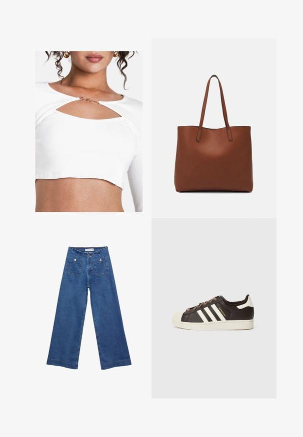 Vit ribbad kort topp med ett urtag i bröstet och en detalj i guld. Tyget har en slät konsistens och en figurnära passform.; Jeans med vida ben i denim med en mellanblå tvätt, två framfickor med knäppningar och sydda detaljer längs fållarna.; Low-top Adidas Superstar-sneaker i mörkbrunt läder med krämfärgad tåhätta, vita ränder och texten "Superstar" på sidan.; Brun läder tote-väska med en slät textur, öppen toppdesign och två axelremmar. Har minimal söm och ingen synlig metalldetalj.