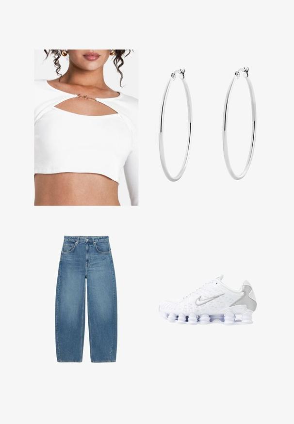 Hvid ribbet crop top med en udskæringsdesign ved brystet og en gylden detalje. Stoffet har en glat tekstur og en tætsiddende pasform.; Blå højtaljede brede bukser med forlommer og knaplukning, vist fladt på en hvid baggrund.; Hvide atletiske sko med mesh-overdel, sølvfarvede detaljer og et unikt spiral-såledesign. Har polstret krave og snørebåndslukning for en god pasform.; Sølv hoops øreringe med en glat, poleret overflade og en tynd, cirkulær form. Designet har en sikker låsemekanisme.