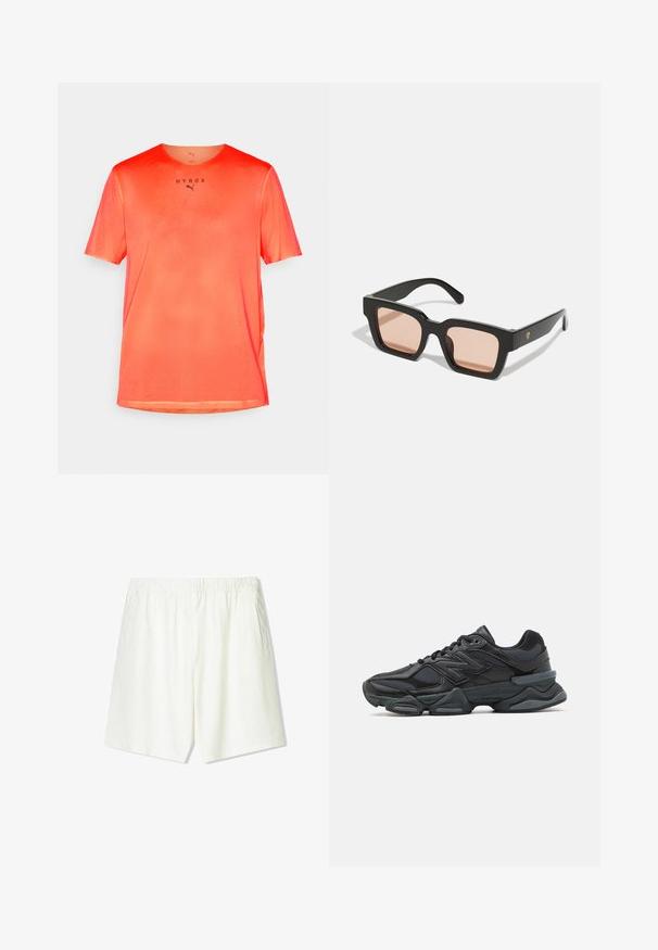 Rdeča mrežasta športna majica s kratkimi rokavi, okroglim izrezom in črnim napisom "HYROX" spredaj. Lahka, zračna tkanina z teksturirano površino.; Svetlo bež kratke hlače z elastičnim pasom, dvema stranskima žepoma in ravnim krojem. Narejene iz mehke, zračne tkanine.; Črne tekaške superge, ki združujejo mrežaste in sintetične materiale, imajo debel podplat, ukrivljen oblikovni slog ter izrazito blagovno znamko na strani.; Črne plastične sončna očala z pravokotnimi okvirji in svetlo rožnatimi lečami. Imajo logotip na strani.