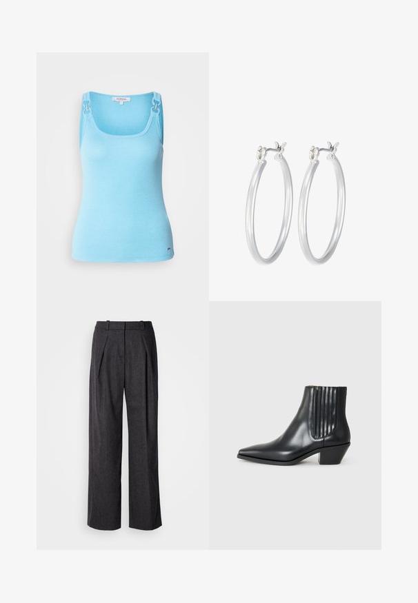 Svetlo modrý, priliehavý nátelník vyrobený z elastického materiálu. Obsahuje strieborné hardvér na ramienkach a štvorcový výstrih. Hladká textúra.; Sivá košeľa na gombíky z textúrovanej tkaniny s mriežkovým vzorom v svetlejších odtieňoch, s golierom a dvoma náprsními vreckami.; Tmavošedé široké nohavice s textúrovanou tkaninou, s prednými záhybmi a klasickým dizajnom pásu. Žiadne viditeľné vrecká.; Čierna kožená členková topánka s špicatou špičkou, elastickými bočnými panelmi s vertikálnymi drážkami a nízkym blokovým podpätkom. Hladká textura a elegantný dizajn.; Strieborné kruhové náušnice s hladkým, lesklým povrchom. Kolový tvar a bezpečné klikanie na uzatváranie. Ľahký dizajn vhodný na každodenné nosenie.