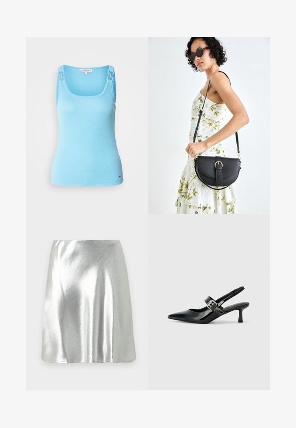 Top de fitness de culoare albastru deschis, ajustat, realizat dintr-un material elastic. Are accesorii metalice argintii pe bretele și un guler pătrat. Textură netedă.; Fustă mini metalizată argintie cu textură netedă și un ușor luciu. Prezintă un design evazat și o margine simplă, curată, tăiată.; Sandale cu toc din piele patent neagră, cu vârful ascuțit și un toc mic bloc, având un accent cu cataramă argintie pe curea.; Geantă din piele neagră, cu o formă curbată, curea detașabilă și accesorii aurii. Geanta are un capac cu un detaliu tip cataramă.