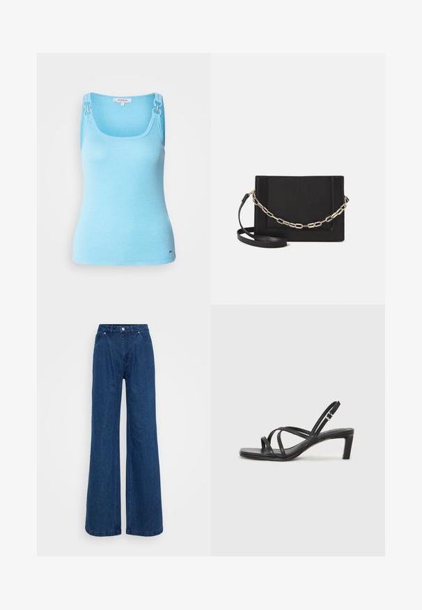 Svetlo modrý, priliehavý nátelník vyrobený z elastického materiálu. Obsahuje strieborné hardvér na ramienkach a štvorcový výstrih. Hladká textúra.; Široké modré denimové džínsy s vysokým pásom, predným zapínaním na gombík a zips a prednými a zadnými vreckami na jednofarebnom pozadí.; Čierne sandále na vysokom podpätku so štvorcovou špičkou a nízkym blokovým podpätkom. Obsahujú viacero tenkých popruhov a nastaviteľný členkový popruh. Vyrobené z hladkej kože.; Čierna kožená crossbody taška s hladkou textúrou, obdĺžnikovým tvarom a kovovým reťazovým detailom na prednej strane. Súčasťou je nastaviteľný popruh.