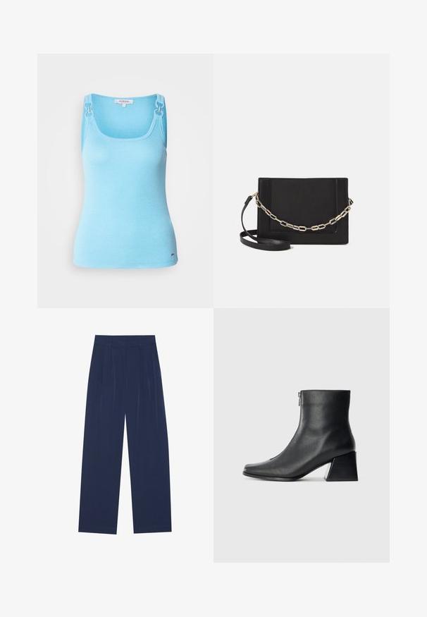 Svijetloplava, uska majica bez rukava izrađena od rastezljivog materijala. Ima srebrne detalje na naramenicama i kvadratni izrez. Glatka tekstura.; Tamno plave hlače širokih nogavica, izrađene od mekog materijala, s prednjim nabora, glatke teksture i ravnog kroja bez vidljivih džepova.; Crne kožne gležnjače sa četvrtastim vrhom, bočnim patentnim zatvaračem i blok petom na jednostavnoj svijetloj pozadini.; Crna kožna torba preko tijela s glatkom teksturom, pravokutnim oblikom i metalnim lancem na prednjoj strani. Uključena je podesiva naramenica.