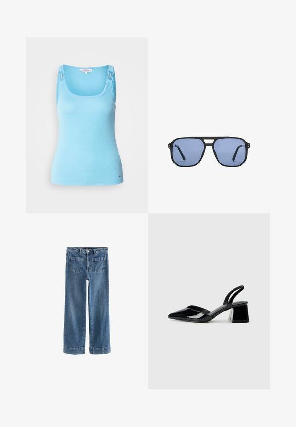 Ljusblå, åtsittande linne i stretchigt material. Har silverdetaljer på axelremmarna och en fyrkantig halsringning. Slät yta.; Ljusblå denimjeans med bred bendesign, frontknäppning och dragkedja, två framfickor och två bakfickor, med uppvikta fållar.; Svarta lackläder slingback klackar med spetsig tå och geometrisk klack. Har en elegant, minimalistisk design och slät yta.; Stradivarius RETRO - Solglasögon - light blue