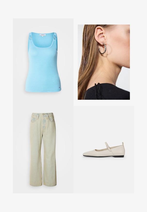 Světlomodrý, přiléhavý top bez rukávů vyrobený z elastického materiálu. Obsahuje stříbrné kovové doplňky na ramínkách a čtvercový výstřih. Hladká textura.; Světle modré džínové kalhoty s širokým střihem, vyrobené z denimu, s vysokým pasem, pěti kapsami a jemným vyšisováním s kontrastním prošíváním.; Bílé kožené baleríny s špičatou špičkou, páskem u kotníku a nízkým černým podpatkem. Hladká textura s minimálními ozdobami.; Stříbrný kruhový náušník s lesklým povrchem, zdobený malými zlatými akcenty, v kulatém tvaru, nošený na lalůčku.