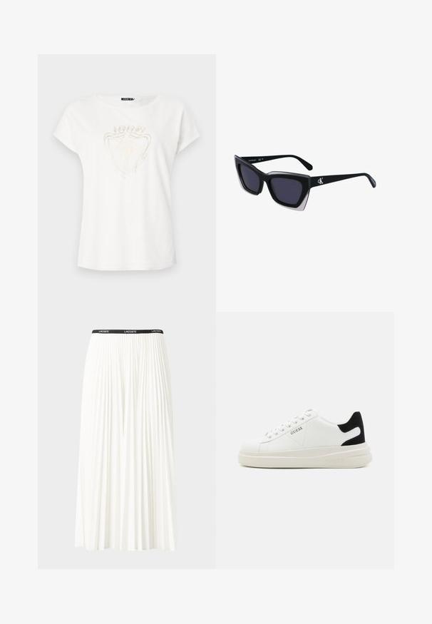 Valge puuvillane t-särk lühikeste varrukatega, ümmarguse kaelusega ning esiküljel tekstuuriga kuldne logo disain. Sile, mugav istuvus.; Kurtitudega valge seelik musta elastse vööga, millel on "LACOSTE" logo. Keskmise pikkusega disain pehme tekstuuriga.; Valged nahast tennisetossud paksu valge tallaga, musta sametist kontsakeeuga ja külje peal riigilogo reljeefne kujundus. Lukkeskeem kuue silmaauguga.; Mustad suured mustad prillid geomeetrilise kujuga, tumedate läätsedega ja kontrastse halli detailiga raamidel. Logo käe peal.