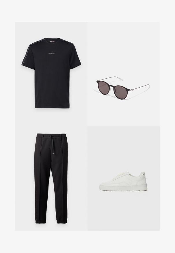 Melnas kokvilnas T-krekls ar īsām piedurknēm, apaļu kakla izgriezumu un baltu tekstu "MICHAEL KORS" uz krūtīm ar kontrastējošiem sānu svītrām.; Melni bikses ar jostu, staipāmu un elastīgām aprocēm. Ar krokām un gludu, teksturētu audumu.; Baltas ādas sneakers ar gludu virsmu, apaļu pirkstu daļu, plakaniem šņorēm un teksturētu zoli. Satur diskrētu logotipu uz papēža.; Melni apaļi saulesbrilles ar tumšiem lēca un plānām metāla stangām. Iekļautas caurspīdīgas tempļu galviņas un sudraba akcenti pie eņģes. Minimalistisks dizains.