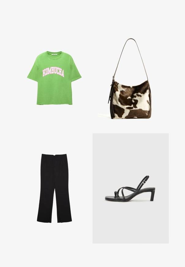 Zielona bawełniana koszulka w luźnym kroju, z okrągłym dekoltem i krótkimi rękawami. Na przodzie znajduje się napis "KOMBUCHA" drukowany dużymi różowymi literami.; Czarne spodnie o prostym kroju, z przednimi kieszeniami i bocznymi rozcięciami na dole. Wykonane z miękkiego, gładkiego materiału. Odpowiednie na różne okazje.; Czarne sandały na obcasie z prostokątnym noskiem i niskim słupkowym obcasem. Posiadają wiele cienkich pasków i regulowany pasek na kostkę. Wykonane z gładkiej skóry.; Torebka na ramię z brązowej i kremowej skóry bydlęcej, z gładkim skórzanym paskiem, zamknięciem na zamek oraz miękką, teksturowaną powierzchnią o naturalnym wzorze.