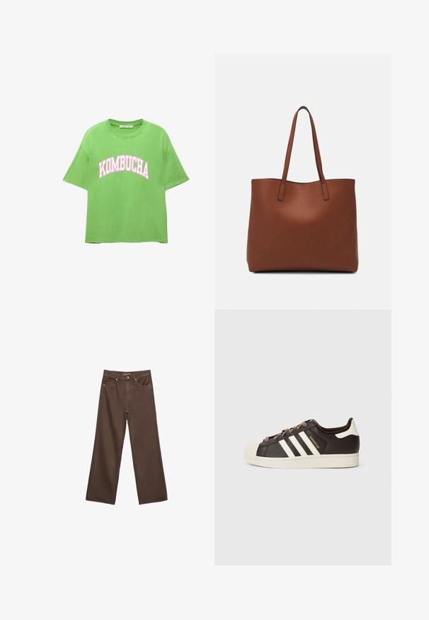 Grünes Baumwoll-T-Shirt mit lockerer Passform, Rundhalsausschnitt und kurzen Ärmeln. Mit "KOMBUCHA" in großen pinken Lettern auf der Vorderseite bedruckt.; Weite braune Jeans aus Denim, mit hoher Taille, Fronttaschen und klassischem Knopfverschluss. Glatte Textur mit feinen Nähten.; Low-Top Adidas Superstar Sneaker aus dunkelbraunem Leder mit cremefarbener Schale an der Spitze, weißen Streifen und dem Schriftzug "Superstar" an der Seite.; Braune Leder-Tote mit glatter Textur, offenem Oberteil und zwei Schulterriemen. Verfügt über minimale Nähte und keine sichtbaren Beschläge.