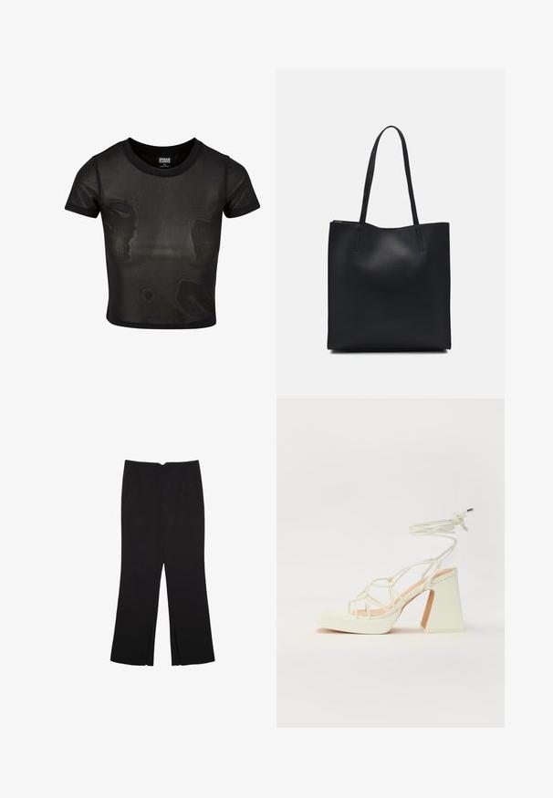 Sort cropped t-shirt lavet af gennemsigtigt stof, med korte ærmer og rund udskæring. Tekstureret overflade og kontrasterende solid kant.; Sorte bukser med lige pasform, der har frontlommer og slidser i kanten. Lavet af blødt, glat stof. Velegnet til forskellige anledninger.; Hvide højhælede sandaler med en kraftig hæl, der har et stropdesign og ankelbinding. Glat tekstur med en platform foran for ekstra højde.; Sort læder tote taske med glat tekstur, rektangulær form og to lange hanke. Ingen synlig hardware eller udsmykninger.