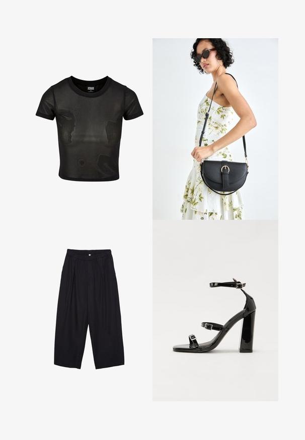 Čierny skrátený tričko vyrobené z priesvitného materiálu, so krátkymi rukávmi a okrúhlym výstrihom. Textúrovaný povrch a kontrastný plný lem.; Čierne polyesterové culotte nohavice s elastickým pásom, dvoma prednými záhybmi a voľným strihom. Žiadne viditeľné vzory ani detaily z kovu.; Čierne lakované sandále na podpätku so štvorcovou špičkou, navlečenými remienkami okolo členku a striebornými prackami. Disponujú masívnym blokovým podpätkom pre stabilitu.; Čierna kožená kabelka s zaobleným tvarom, odnímateľným popruhom a zlatými doplnkami. Kabelka má klopu s detailom s prackou.