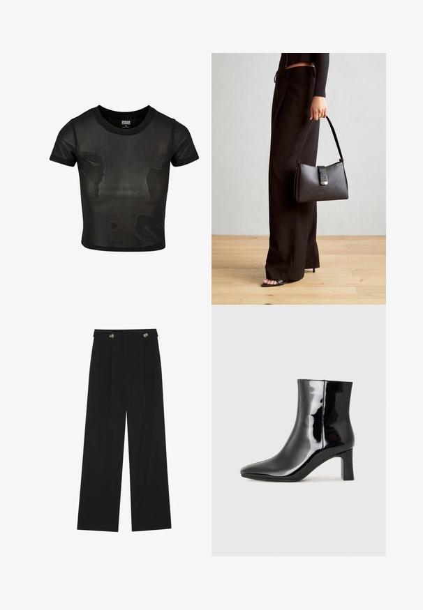 T-shirt nera corta realizzata in tessuto trasparente, con maniche corte e scollo rotondo. Superficie testurizzata e rifiniture a tinta unita contrastanti.; Pantaloni neri a gamba larga con vita alta, dettagli con bottoni in vita e pieghe frontali.; Stivaletto in pelle verniciata nera con punta a punta e tacco a blocco di altezza media. Texture liscia e design minimalista.; Borsa nera con forma strutturata, texture liscia e una chiusura metallica. Abbinata a pantaloni neri larghi e sandali open-toe su un pavimento in legno.
