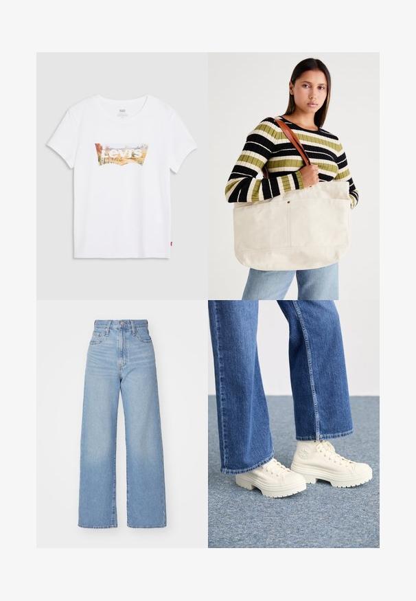 Balta trumpa rankovėmis marškinėliai su spalvingu peizažo grafiku ir tekstu "Levi's" centre. Pagaminta iš medvilnės, turi apvalų kaklą.; Šviesiai mėlynos aukšto liemens plačios kojos džinsai su priekiniais užtrauktukais ir sagom, priekinėmis ir galinėmis kišenėmis, ant baltos fono.; Baltos aukštos sportinės kedai su storomis, briaunotomis padais ir apvaliu logotipo akcentu, dėvimi su šviesiai mėlynomis plačiakulkėmis džinsinėmis kelnėmis.; Didelė smėlio spalvos drobės rankinė su rudomis odinėmis diržais, pasižyminti minimalistiniu dizainu ir matomais siuvinėjimo akcentais.