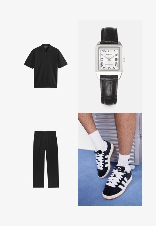 Next SHORT SLEEVE REGULAR FIT - Pikeepaita - black; Mustat housut suoranlahkeisella muotoilulla, valmistettu sileästä kankaasta. Ominaisuuksiin kuuluu etupleateet ja yksi nappikiinnitys vyötäröllä.; Mustat mokkasneakersit, joissa on valkoiset nauhat ja kolme valkoista raitaa. Kengissä on ympyrän muotoinen musta logo kielen päällä ja kuminen pohja.; Harmaa neliön muotoinen kello, jossa on valkoinen kellotaulu, mustat roomalaiset numerot ja teksti "VEDENKESTÄVÄ". Musta nahkaranneke, jossa on teksturoitu pinta.