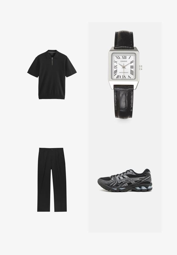 Next SHORT SLEEVE REGULAR FIT - Poloshirt - black; Zwarte broeken met een recht model, gemaakt van een gladde stof. Voorzien van een voorplooien en een enkele knoopsluiting bij de taille.; Zwarte sportschoen met een bovenwerk van mesh, zilveren accenten en een gevoerde zool. Beschikt over een vetersluiting en een gestructureerde loopzool voor grip.; Zilveren vierkante horloge met een witte wijzerplaat, zwarte Romeinse cijfers en de tekst "WATER RESIST". Zwarte leren band met een gestructureerde afwerking.