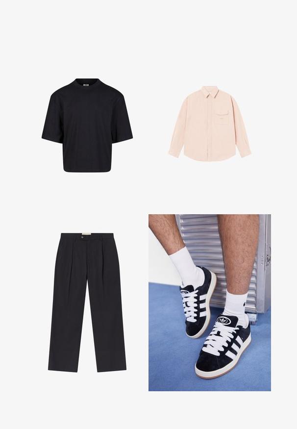 Fekete pamut póló kerek nyakkivágással, rövid ujjakkal és oversized fazonnal. Simogató, sima textúra és minimalista dizájn. Nincs rajta látható logó.; Világos rózsaszín, hosszú ujjú ing, puha anyagból készült, gombos gallérral, elülső zsebével és finoman hímzett logóval a mellkason.; Személyre szabott, sötét tengerészkék nadrág, magas derékkal, két elülső pliszével, gombos záródással és egyenes lábakkal, sima anyagból.; Fekete velúr sportcipők fehér fűzőkkel és három fehér csíkkal. A nyelvén egy kör alakú fekete logó található, valamint egy gumis talp.