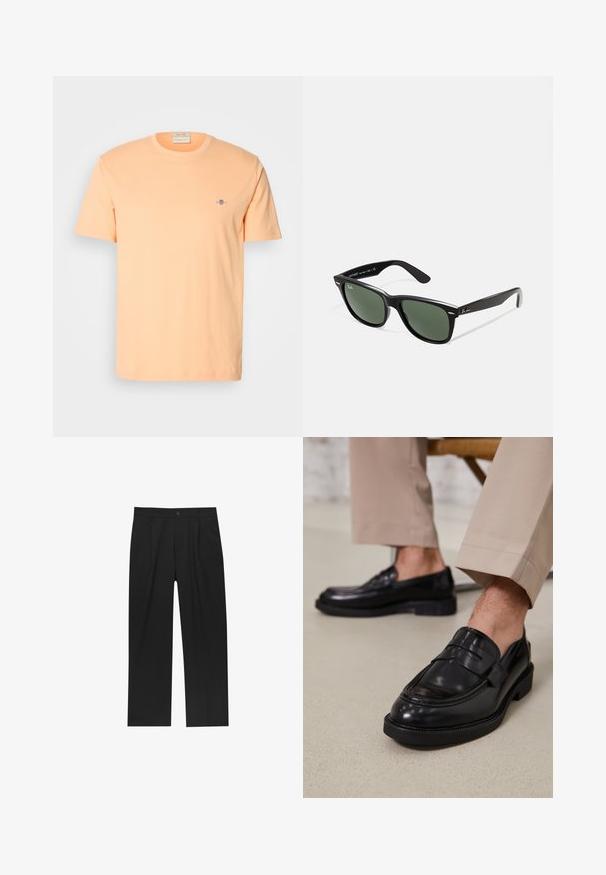 Rövid ujjú póló világos őszibarack színű pamutból, kicsi kék logóval a mellrészen. Kerek nyakú, sima tapintású.; Fekete nadrág egyenes szárú kialakítással, sima anyagból készült. Elöl redők és egy gombos záródás található a derékon.; Fekete bőr loaferek sima felülettel, díszítő pánttal és kontrasztos varrással, bézs nadrággal párosítva.; Fekete műanyag napszemüveg zöld lencsékkel, négyzet alakú kerettel, ezüst díszítéssel a keret felső részén, valamint texturált szárakkal. A márka neve a belső száron található.