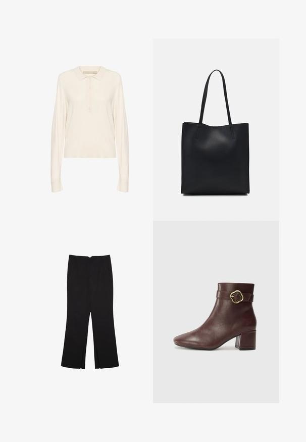 Kremowa polo z długim rękawem wykonana z miękkiej dzianiny, z prążkowanym kołnierzykiem, czterema guzikami oraz luźnym krojem. Gładka faktura.; Czarne spodnie o prostym kroju, z przednimi kieszeniami i bocznymi rozcięciami na dole. Wykonane z miękkiego, gładkiego materiału. Odpowiednie na różne okazje.; Bordowe skórzane botki za kostkę z ostrym noskiem, średnim blokowym obcasem oraz dekoracyjnym złotym akcentem na pasku wokół kostki.; Czarna skórzana torba tote o gładkiej fakturze, prostokątnym kształcie i dwóch długich uchwytach. Brak widocznych elementów metalowych i ozdób.