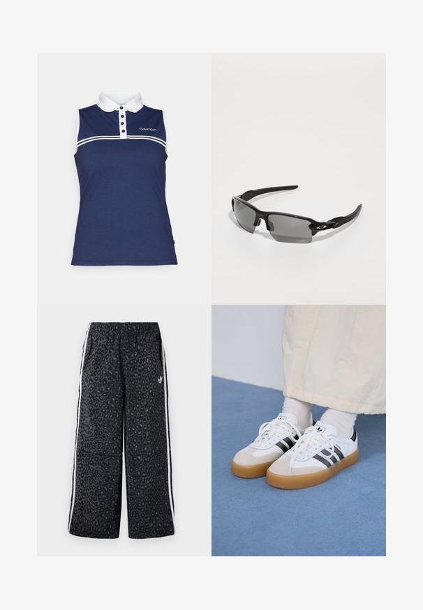 Jūrų tamsiai mėlynas be rankovių polo marškinėliai, pagaminti iš tekstūruotos medžiagos, su balta apykakle, keturių mygtukų užsegimu ir horizontaliomis baltomis juostelėmis per krūtinę.; adidas Originals GRAPHIC UNISEX - Treningo apatinė dalis - black; Baltos sportbačiai su noir juostomis ir šviesiai rudos zomšos akcentais. Yra tekstūruota gumos padas ir plokščiomis baltomis raištelėmis, dėvimi su šviesiai spalvotomis kojinėmis.; Juodi sportiniai saulės akiniai su pilkais objektyvais, lenkta rėmo konstrukcija ir logotipu ant šono. Pagaminti iš lengvos plastikinės medžiagos.