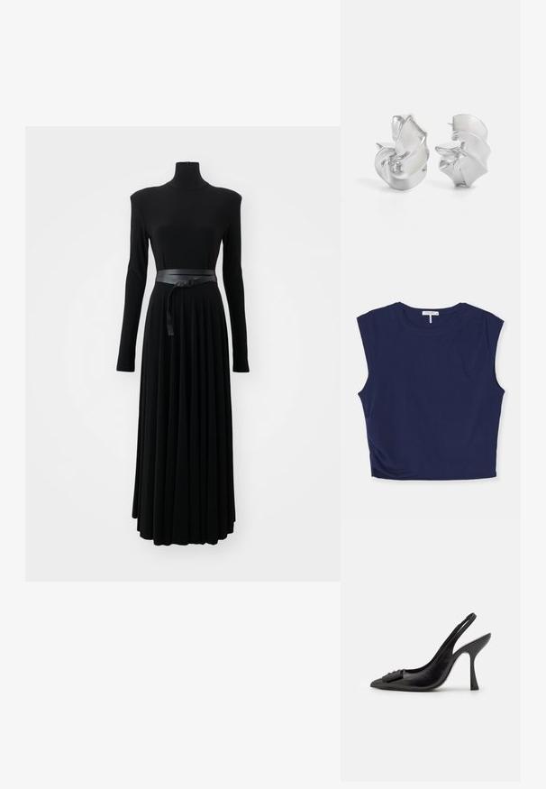 Námornícky modrý cropped bezrúškový top vyrobený z jemného materiálu, s okrúhlym výstrihom a mierne štruktúrovanými ramennými výstrihmi, s hladkou textúrou.; Norma Kamali SHOULDER PAD TURTLE FLARED DRESS TO MIDCALF - Džersejové šaty - black; Čierne kožené šľapky so špicatou špičkou, úzkym vysokým opätkom a dekoratívnou mašľou. Hladká textura a elegantný dizajn.; Strieborná metalická kabelka na rameno s hladkou textúrou, zakriveným dizajnom, retiazkou na nosenie a lesklým predným panelom s jemnou gravírovanou logom.; Strieborné náušnice s plynulým, špirálovým dizajnom. Hladký povrch s lešteným finišom. Majú jemný lesk a žiadne viditeľné ozdoby.