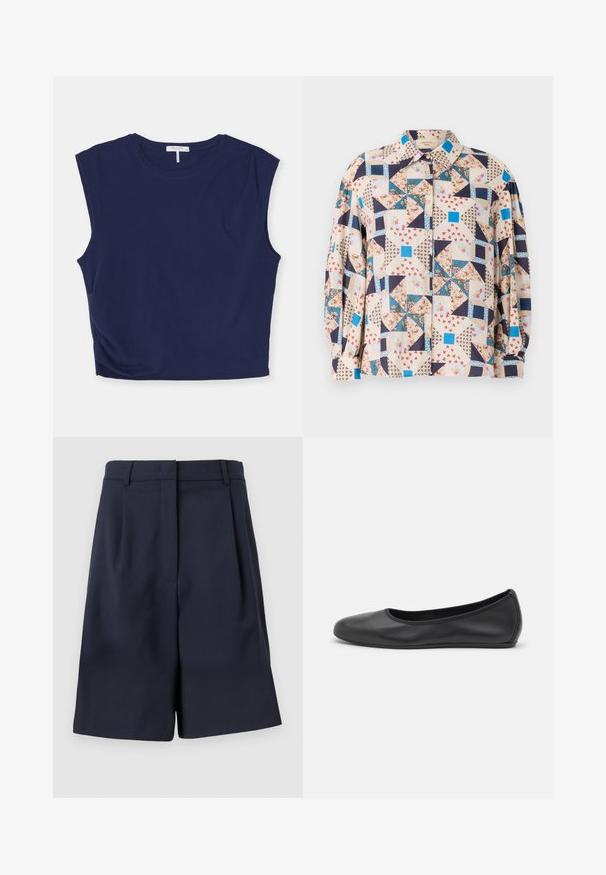 Top senza maniche blu navy accorciato realizzato in morbido tessuto, con colletto rotondo e spalle leggermente strutturate, dalla texture liscia.; Camicia a bottoni con design a patchwork, caratterizzata da motivi floreali e geometrici nelle tonalità beige, blu, navy e rosso; maniche lunghe.; Bermuda blu navy su misura realizzate in un tessuto liscio con vita alta, pieghe frontali e tasche laterali. Silhouette pulita e strutturata.; Pantofole da balletto nere in pelle con punta arrotondata, texture liscia, dettagli di cucitura minimi e design con suola flessibile.