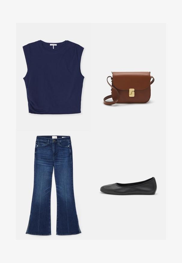 Navy blue cropped sleeveless top made of soft fabric, featuring a round neck and slightly structured shoulders, with a smooth texture.; Dark blue flared jeans made from denim. Features a high waist, front pockets, and slit details at the hem.  Classic five-pocket design.; Black leather ballet flat with a rounded toe, smooth texture, minimal stitching detail, and a flexible sole design.; Brown leather handbag with a flap closure, gold-tone hardware, a shoulder strap, and a smooth texture. Compact rectangular shape.