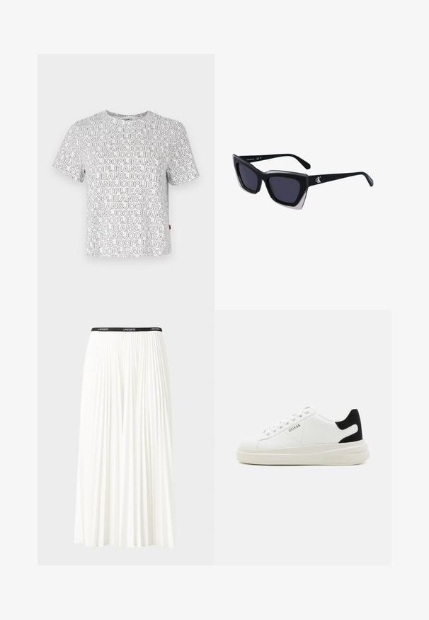 Balta trumpa rankovė t-shirt, dekoruota viso paviršiaus raštu su užrašu "JOOP! JEANS" juoda spalva ir raudonu akcentu ant apačios.; Pleated balta sijonas su juodu elastiniu juosmeniu, ant kurio yra "LACOSTE" logotipas. Vidutinio ilgio dizainas su švelnia tekstūra.; Baltos odinės sportbačiai su storu baltu padu, juodu nubuko kulno akcentu ir iškilmingu logotipu šone. Su raišteliais, turinčiais šešis akinius.; Juodos didelės saulės akinių su geometrine forma, turinčiais tamsius objektyvus ir kontrastingą pilką detalę ant rėmelio. Logotipas ant šalon.