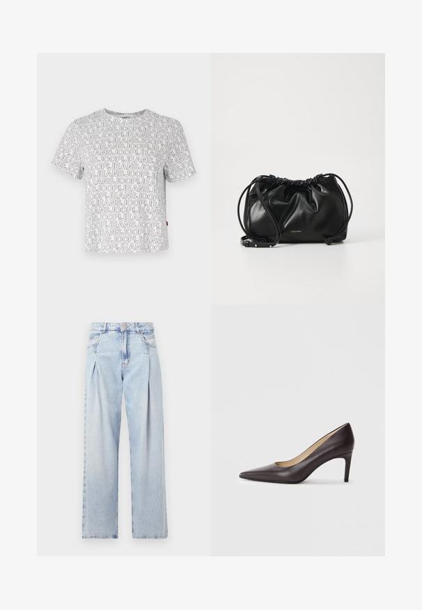 White short-sleeve t-shirt featuring an all-over repeating pattern of the text "JOOP! JEANS" in black with a red accent on the hem.; Light blue denim jeans with a high waist, wide-leg cut, two side pockets, and pleated design feature. Soft texture with a faded finish.; Black leather high heel pump with a pointed toe, smooth texture, and a slim stiletto heel. Interior shows a beige lining.; Black leather handbag with gathered design, dual drawstring closure, and detachable shoulder strap. Features metallic logo detail.